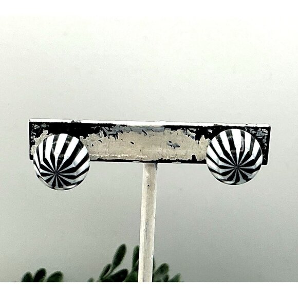 Striped Black & White Round Stud Earrings - Picture 5 of 6